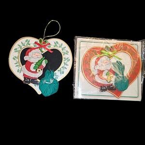 2 Vintage Large Wooden Heart Cut Out Santa Claus Christmas Tree Ornaments 5" NOS